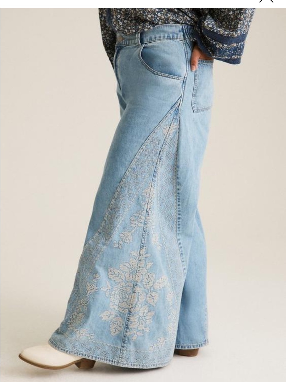 Plus Size Light Blue Wide-Leg Embroidered Jeans - Picture 2 of 5
